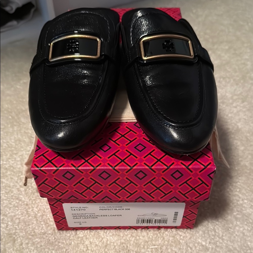 Tory Burch Black Loafers with Gold Hardware